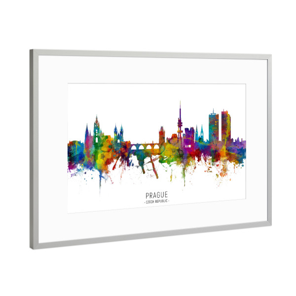 Poster mit Rahmen Silber "Prague Czech Republic Skyline txt" artboxONE - Städte,Städte / Prag