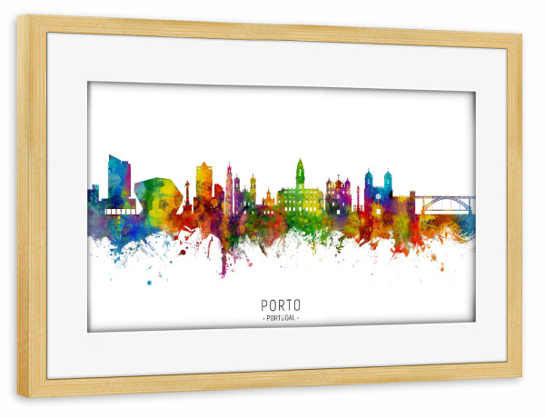 Poster mit Rahmen kiefer "Porto Portugal Skyline txt" artboxONE - Städte - Porto,Portugal,Skyline,Cityscape,Stadtbild,Watercolor,Painting