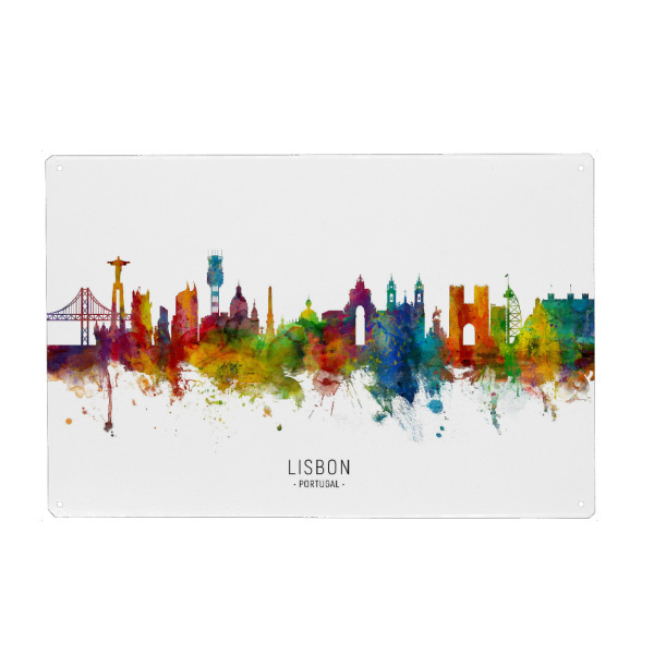 Holzbild "Lisbon Portugal Skyline txt" artboxONE - Städte - Lisbon,Portugal,Skyline,Cityscape,Stadtbild,Watercolor,Painting