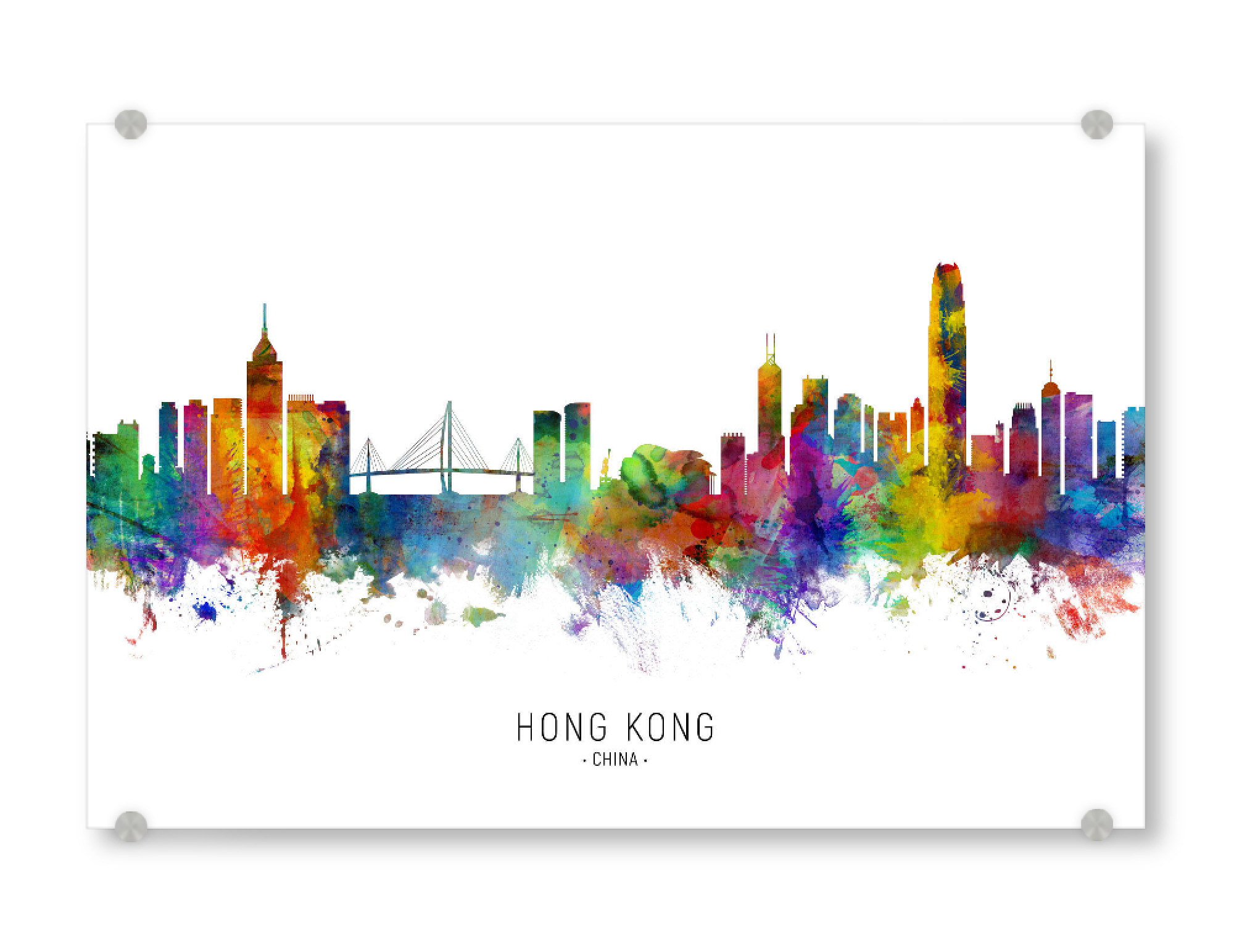 Acrylglasbild "Hong Kong Skyline txt" artboxONE - Städte - Hong kong,China,Skyline,Cityscape,Stadtbild,Watercolor,Painting
