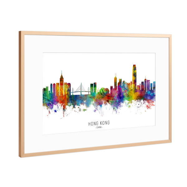 Poster mit Rahmen Kupfer "Hong Kong Skyline txt" artboxONE - Städte - Hong kong,China,Skyline,Cityscape,Stadtbild,Watercolor,Painting