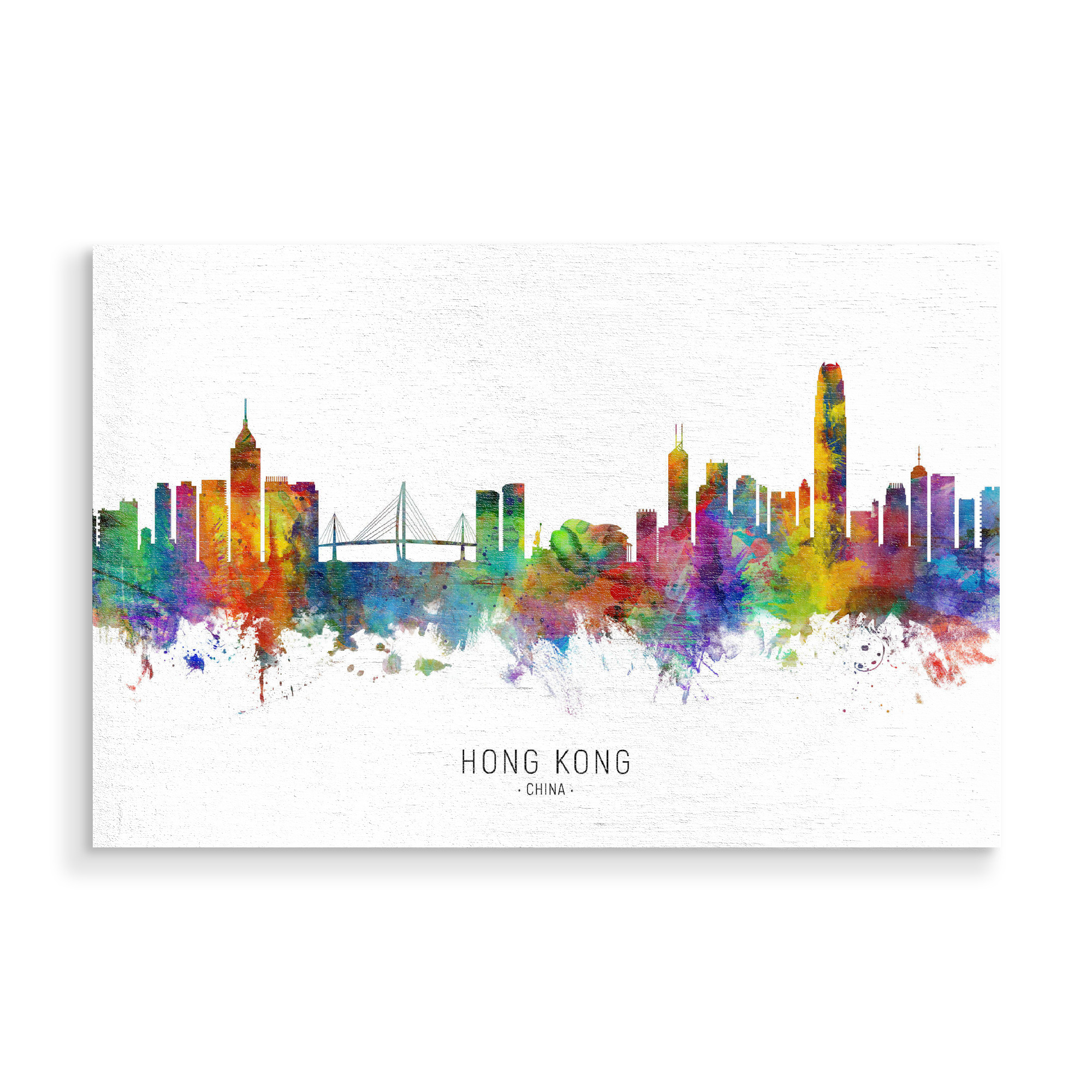 Holzbild "Hong Kong Skyline txt" artboxONE - Städte - Hong kong,China,Skyline,Cityscape,Stadtbild,Watercolor,Painting