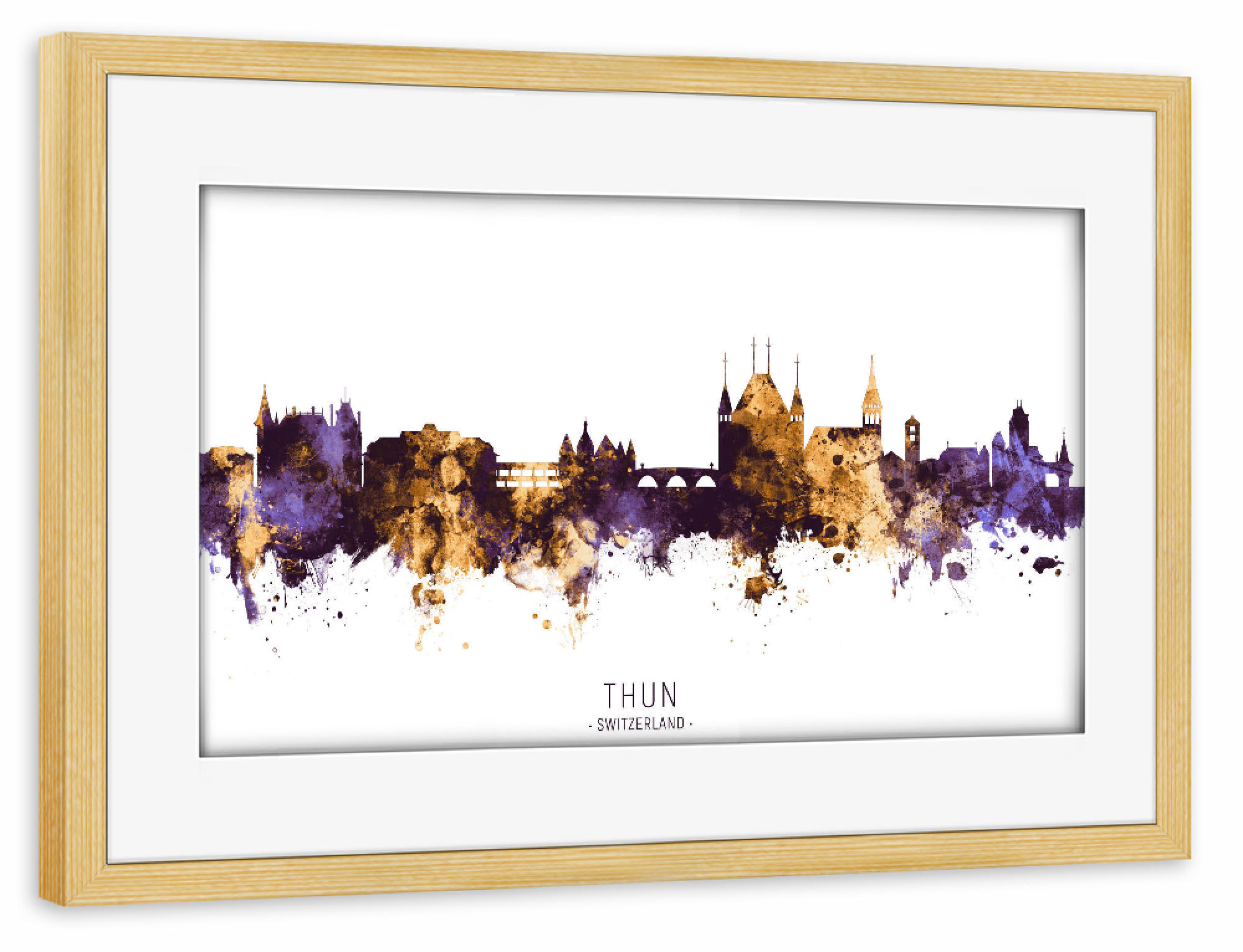 Poster mit Rahmen kiefer "Thun Skyline PurpleGold" artboxONE - Städte - Thun,Switzerland,Skyline,Cityscape,Stadtbild,Watercolor,Painting