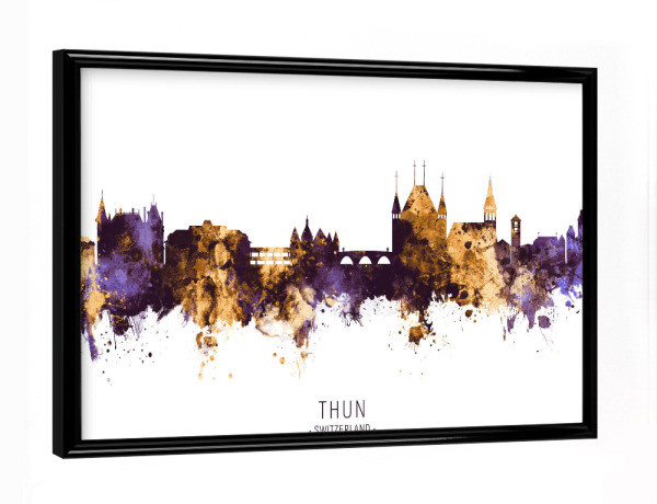 Poster mit schwarzem Rahmen "Thun Skyline PurpleGold" artboxONE - Städte - Thun,Switzerland,Skyline,Cityscape,Stadtbild,Watercolor,Painting