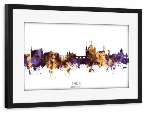 Poster mit Rahmen schwarz "Thun Skyline PurpleGold" artboxONE - Städte - Thun,Switzerland,Skyline,Cityscape,Stadtbild,Watercolor,Painting