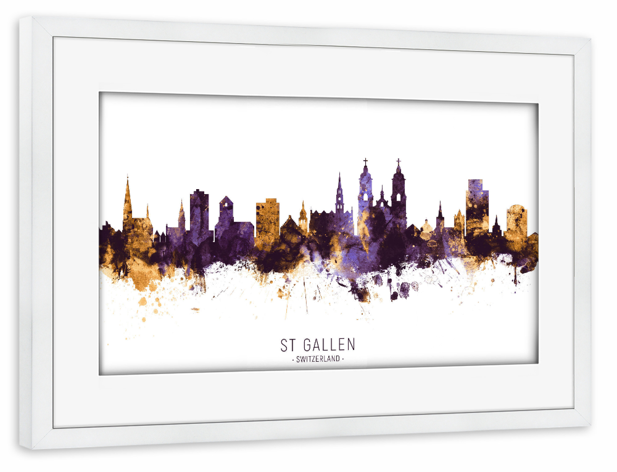 Poster mit Rahmen weiß "St Gallen Skyline PurpleGold" artboxONE - Städte - St gallen,Switzerland,Skyline,Cityscape,Stadtbild,Watercolor,Painting
