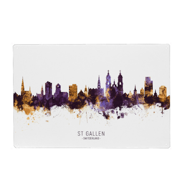Holzbild "St Gallen Skyline PurpleGold" artboxONE - Städte - St gallen,Switzerland,Skyline,Cityscape,Stadtbild,Watercolor,Painting
