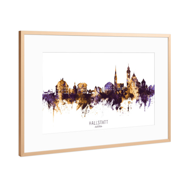 Poster mit Rahmen Kupfer "Hallstatt Skyline PurpleGold" artboxONE - Städte - Hallstatt,Austria,Skyline,Cityscape,Stadtbild,Watercolor,Painting