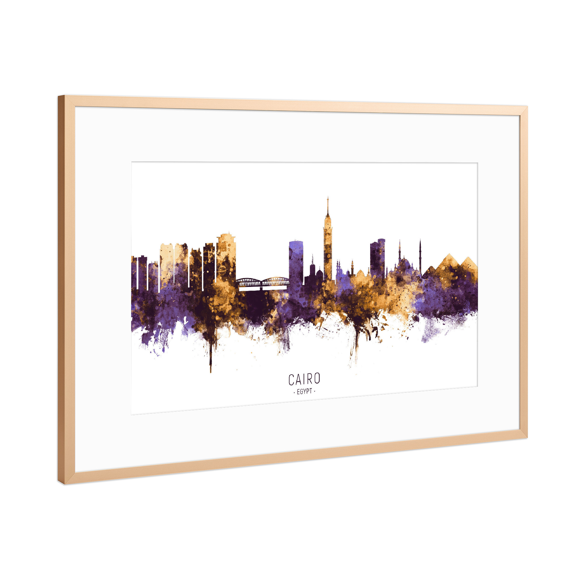 Poster mit Rahmen Kupfer "Cairo Egypt Skyline PurpleGold" artboxONE - Städte - Cairo,Egypt,Skyline,Cityscape,Stadtbild,Watercolor,Painting