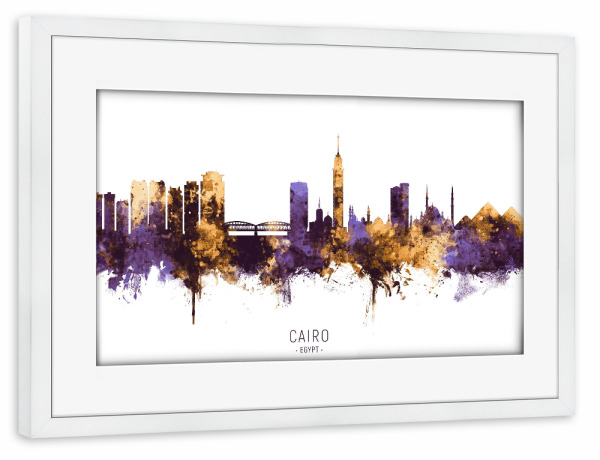 Poster mit Rahmen weiß "Cairo Egypt Skyline PurpleGold" artboxONE - Städte - Cairo,Egypt,Skyline,Cityscape,Stadtbild,Watercolor,Painting