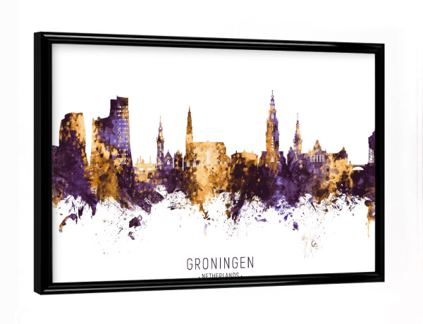 Poster mit schwarzem Rahmen "Groningen Skyline PurpleGold" artboxONE - Städte - Groningen,Netherlands,Skyline,Cityscape,Stadtbild,Watercolor,Painting