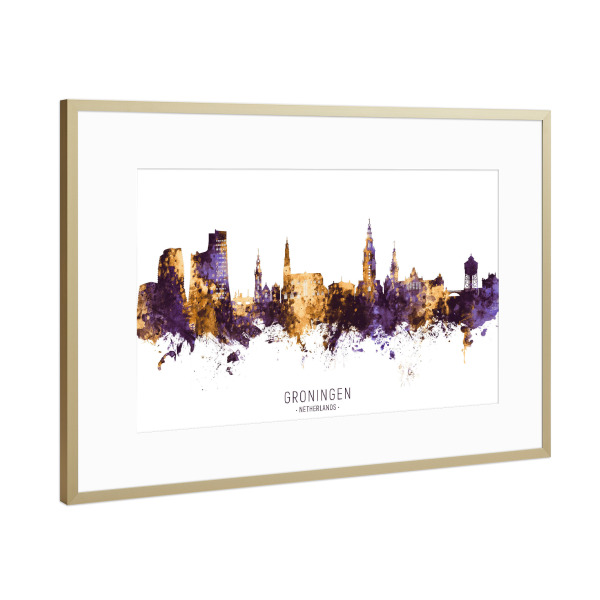 Poster mit Rahmen Gold "Groningen Skyline PurpleGold" artboxONE - Städte - Groningen,Netherlands,Skyline,Cityscape,Stadtbild,Watercolor,Painting