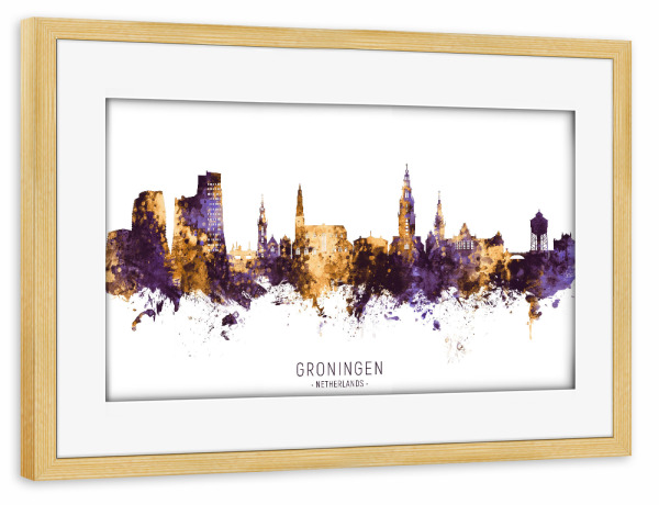 Poster mit Rahmen kiefer "Groningen Skyline PurpleGold" artboxONE - Städte - Groningen,Netherlands,Skyline,Cityscape,Stadtbild,Watercolor,Painting