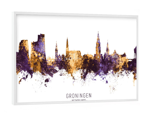 Poster mit weißem Rahmen "Groningen Skyline PurpleGold" artboxONE - Städte - Groningen,Netherlands,Skyline,Cityscape,Stadtbild,Watercolor,Painting