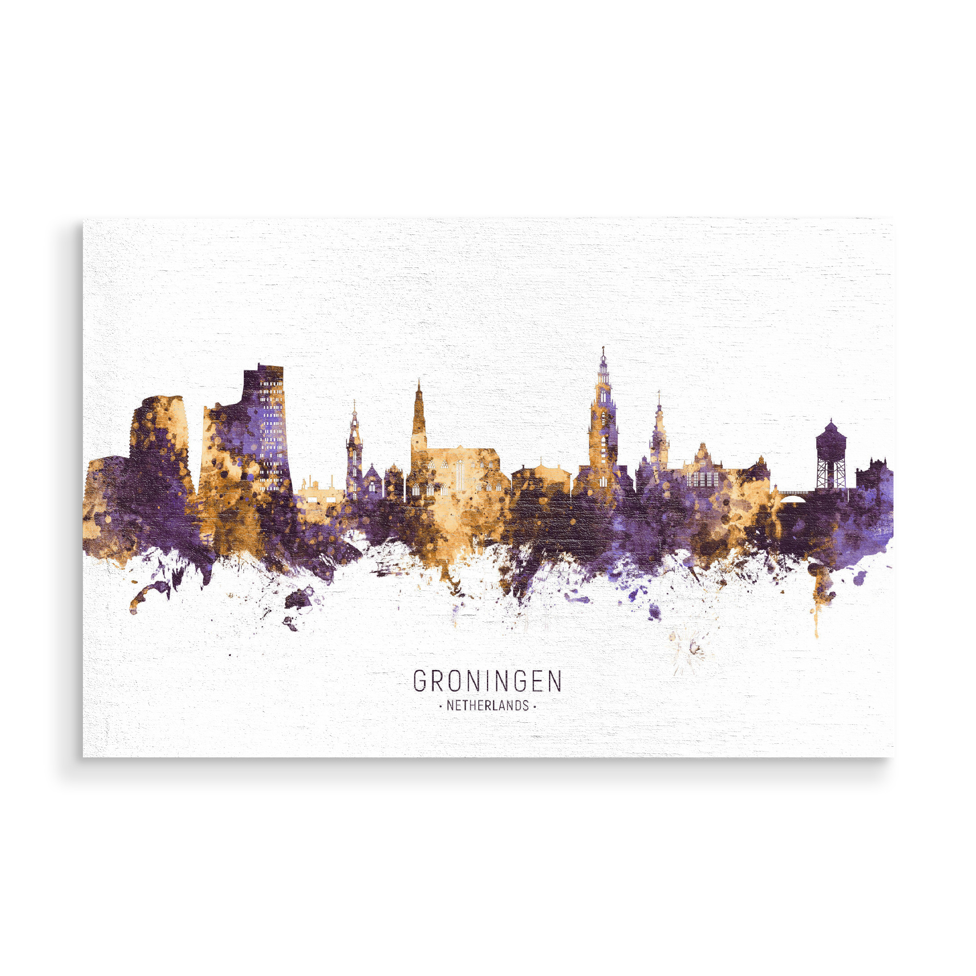 Holzbild "Groningen Skyline PurpleGold" artboxONE - Städte - Groningen,Netherlands,Skyline,Cityscape,Stadtbild,Watercolor,Painting