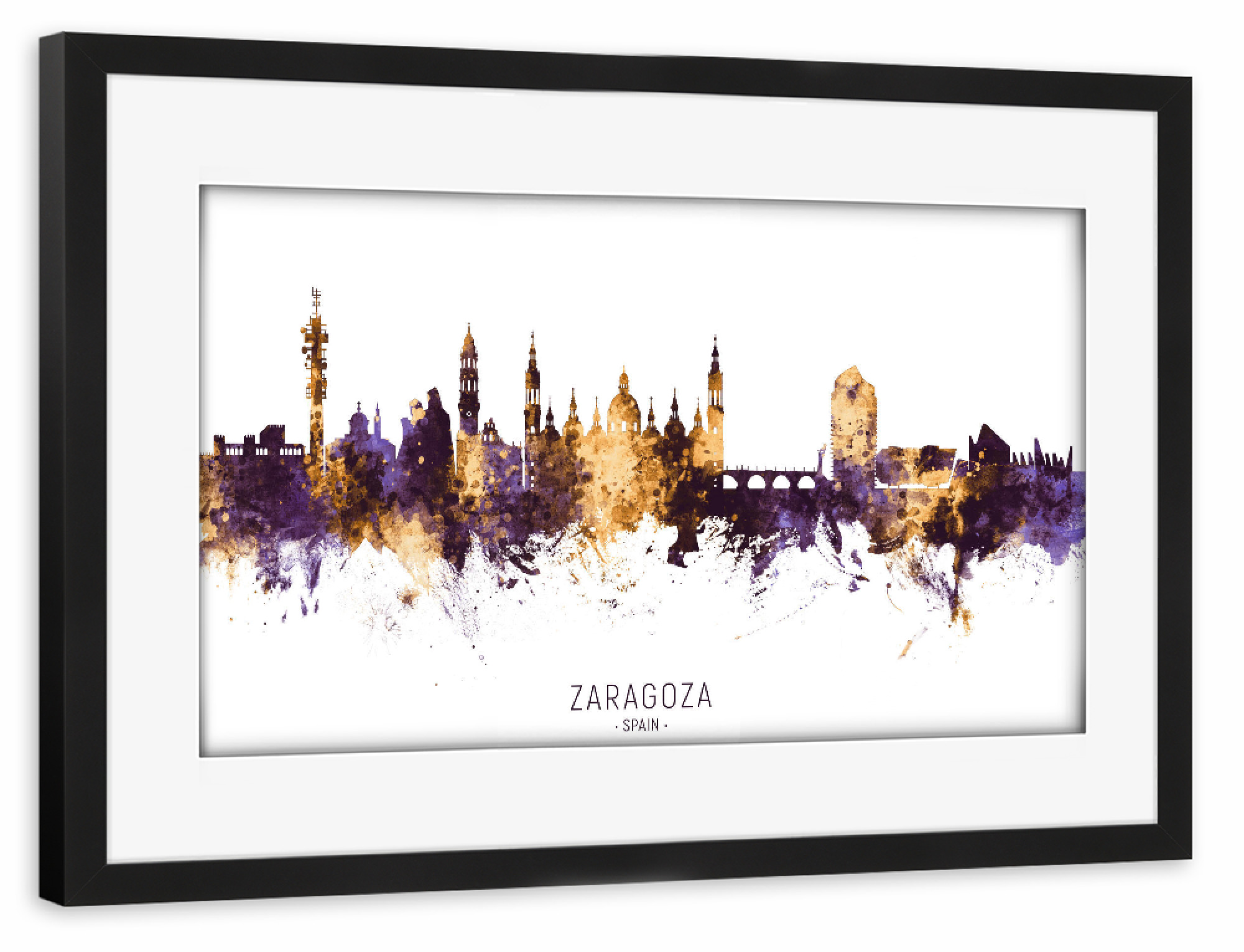 Poster mit Rahmen schwarz "Zaragoza Spain Skyline PurpleGold" artboxONE - Städte - Zaragoza,Spain,Skyline,Cityscape,Stadtbild,Watercolor,Painting