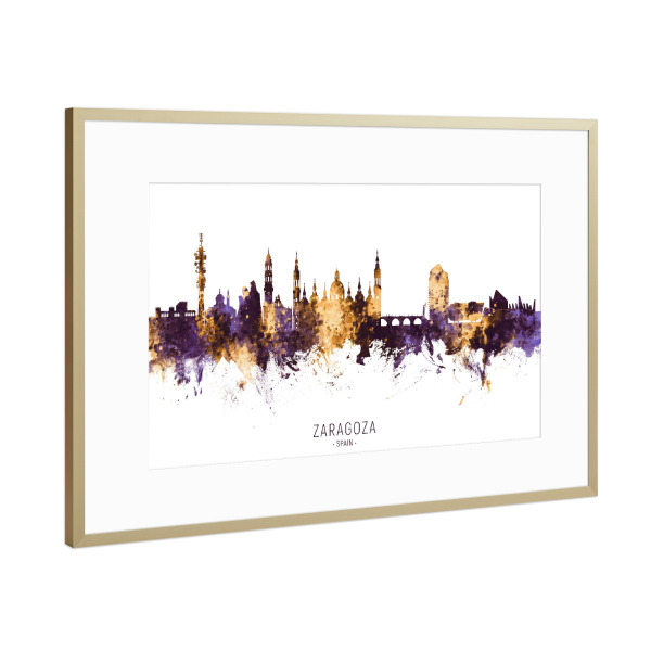 Poster mit Rahmen Gold "Zaragoza Spain Skyline PurpleGold" artboxONE - Städte - Zaragoza,Spain,Skyline,Cityscape,Stadtbild,Watercolor,Painting