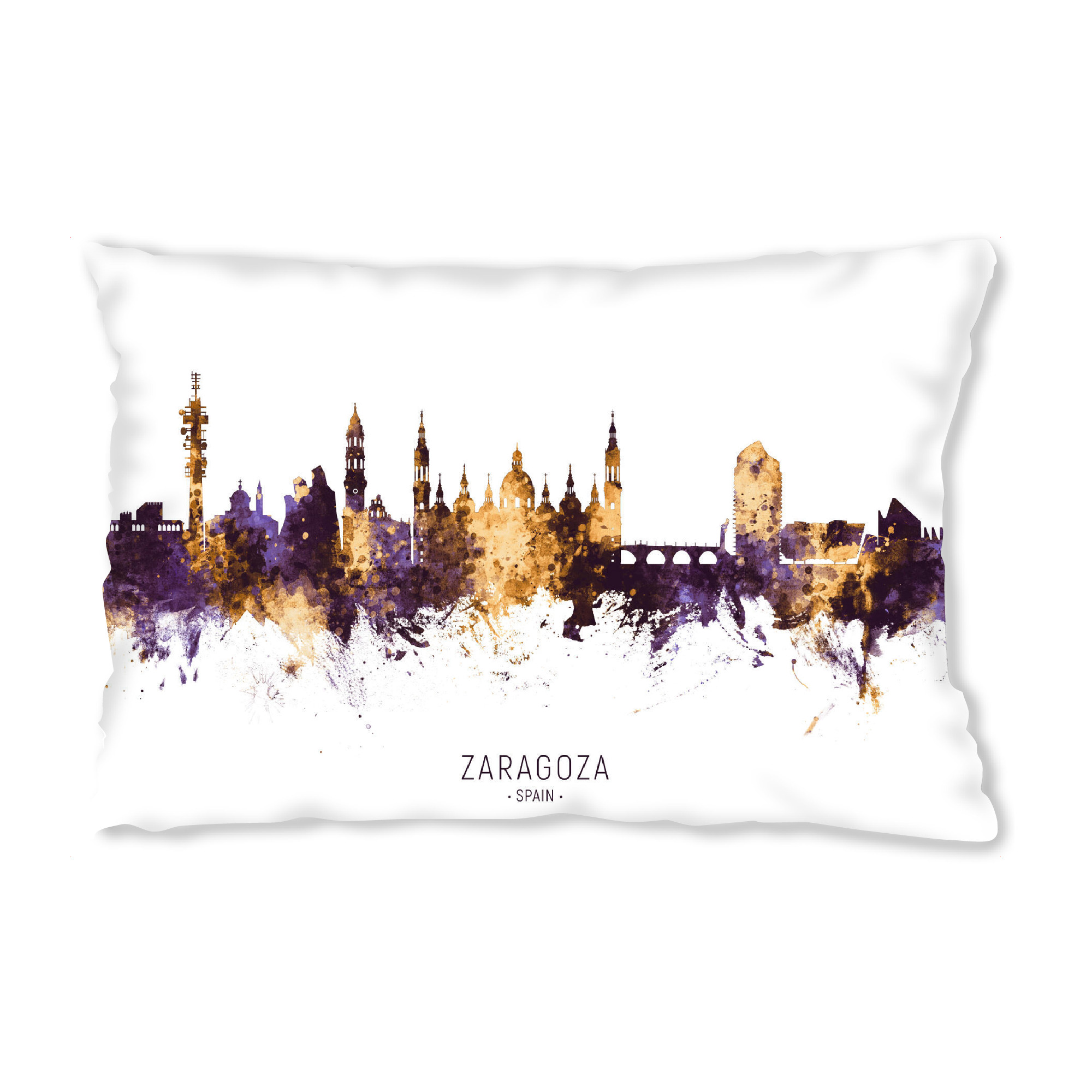Design-Kissen "Zaragoza Spain Skyline PurpleGold" artboxONE - Städte - Zaragoza,Spain,Skyline,Cityscape,Stadtbild,Watercolor,Painting