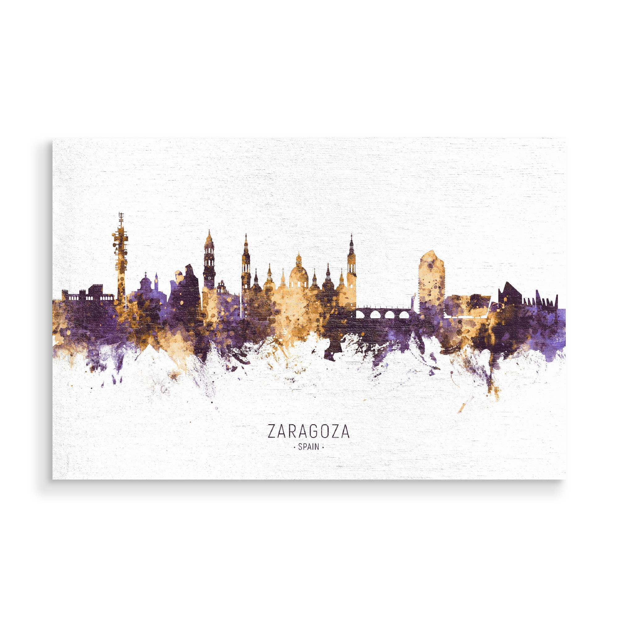 Holzbild "Zaragoza Spain Skyline PurpleGold" artboxONE - Städte - Zaragoza,Spain,Skyline,Cityscape,Stadtbild,Watercolor,Painting