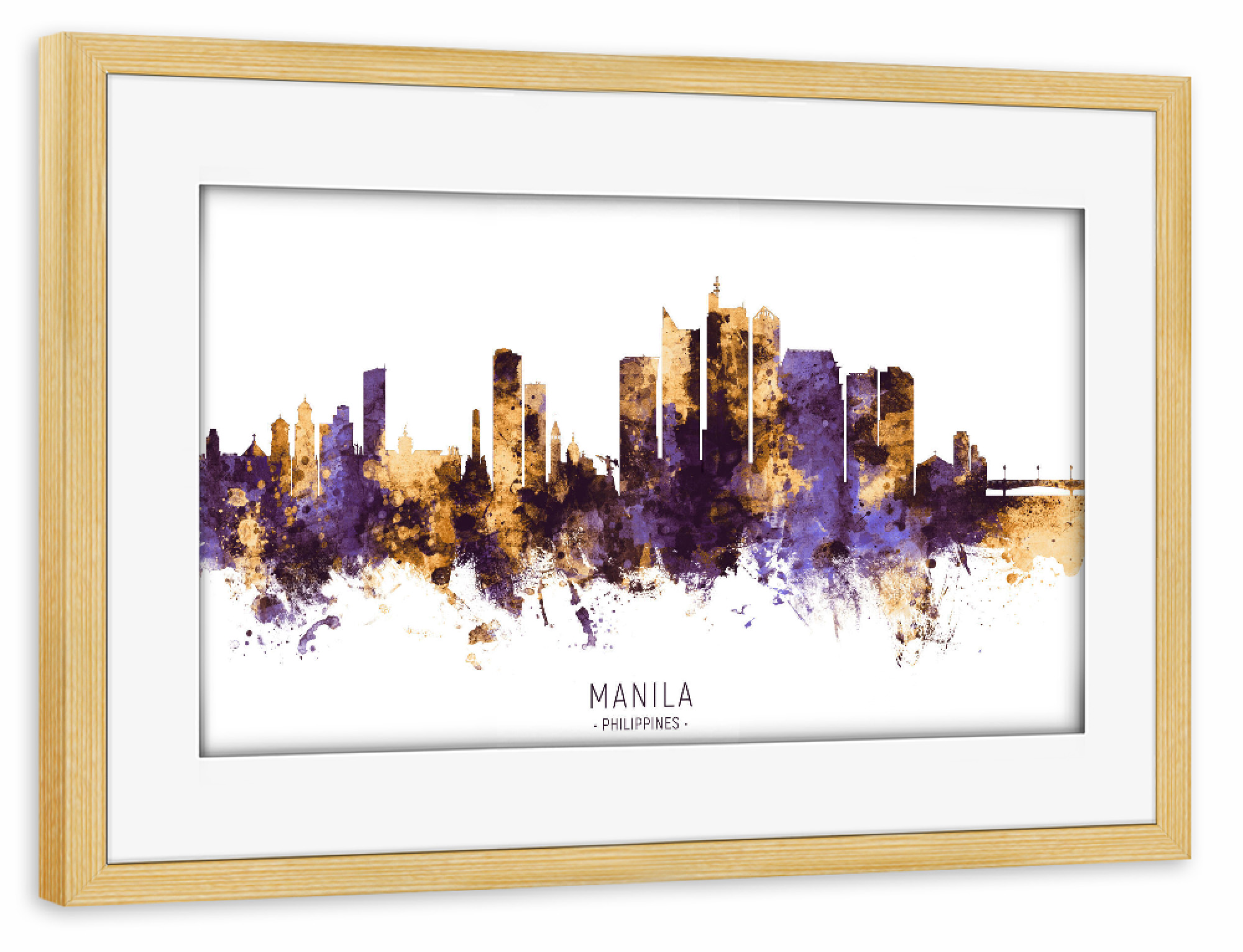 Poster mit Rahmen kiefer "Manila Skyline PurpleGold" artboxONE - Städte - Manila,Philippines,Skyline,Cityscape,Stadtbild,Watercolor,Painting