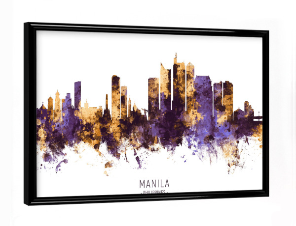 Poster mit schwarzem Rahmen "Manila Skyline PurpleGold" artboxONE - Städte - Manila,Philippines,Skyline,Cityscape,Stadtbild,Watercolor,Painting