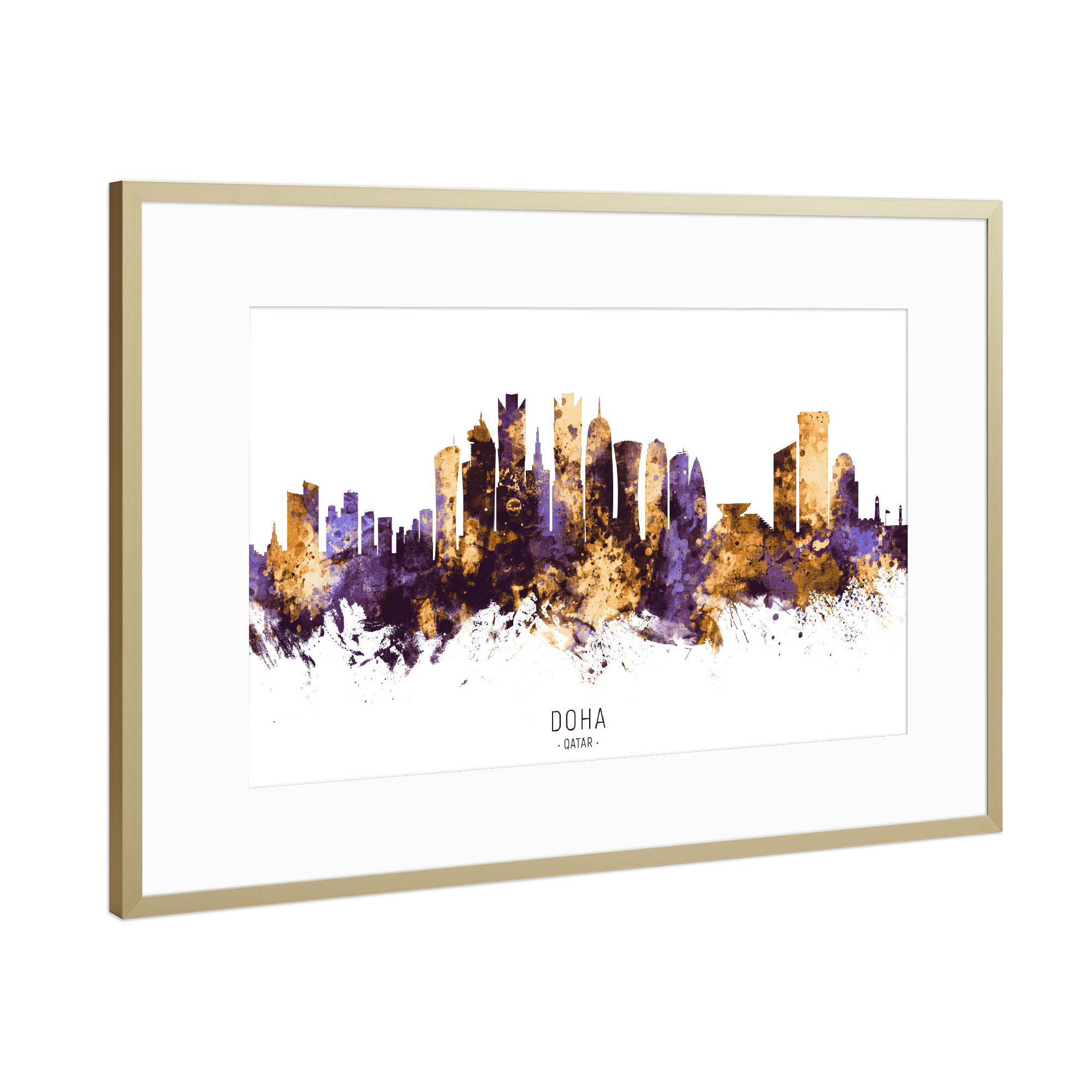 Poster mit Rahmen Gold "Doha Qatar Skyline PurpleGold" artboxONE - Städte,Architektur