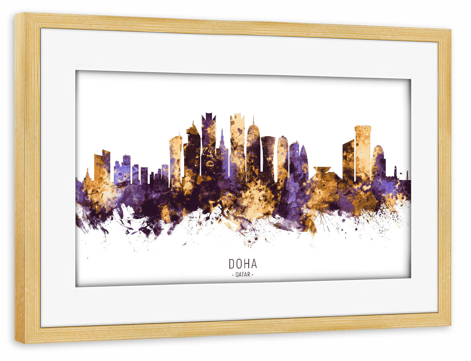 Poster mit Rahmen kiefer "Doha Qatar Skyline PurpleGold" artboxONE - Städte,Architektur