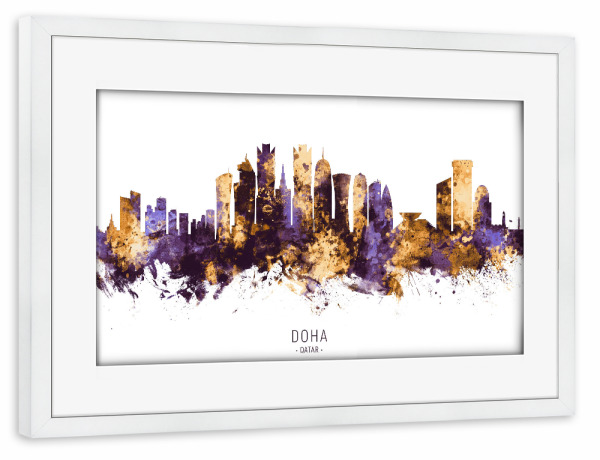 Poster mit Rahmen weiß "Doha Qatar Skyline PurpleGold" artboxONE - Städte,Architektur