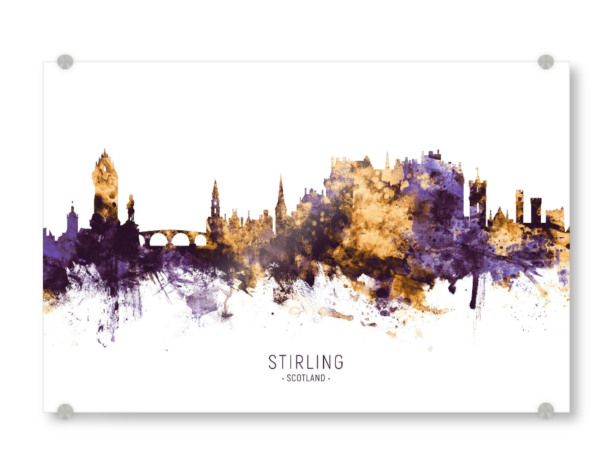 Acrylglasbild "Stirling Skyline PurpleGold" artboxONE - Städte - Stirling,Scotland,Skyline,Cityscape,Stadtbild,Watercolor,Painting