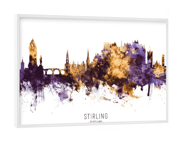 Poster mit weißem Rahmen "Stirling Skyline PurpleGold" artboxONE - Städte - Stirling,Scotland,Skyline,Cityscape,Stadtbild,Watercolor,Painting