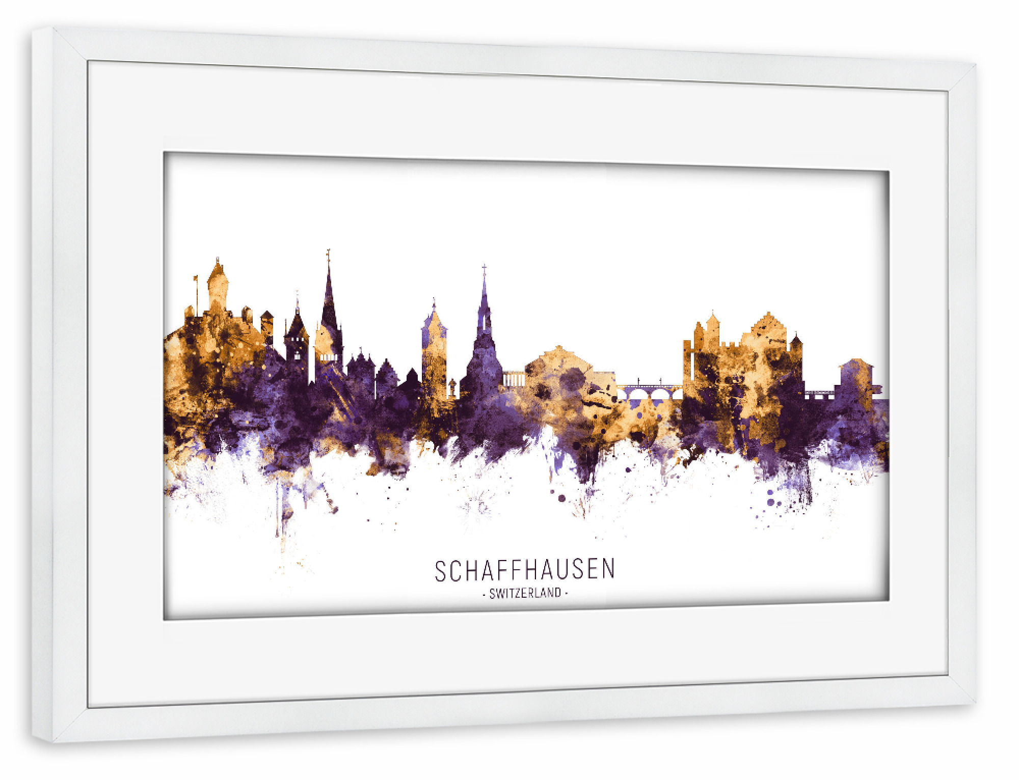 Poster mit Rahmen weiß "Schaffhausen Skyline PurpleGold" artboxONE - Städte - Schaffhausen,Switzerland,Skyline,Cityscape,Stadtbild,Watercolor,Painting