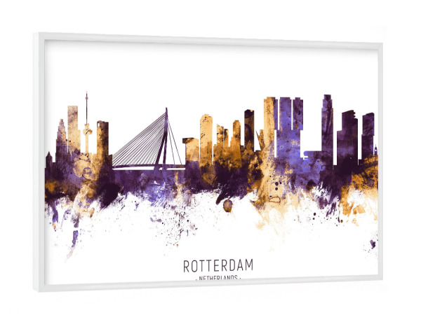 Poster mit weißem Rahmen "Rotterdam Skyline PurpleGold" artboxONE - Städte - Rotterdam,Netherlands,Skyline,Cityscape,Stadtbild,Watercolor,Painting