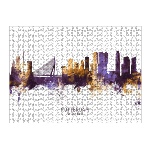 Puzzle Ravensburger "Rotterdam Skyline PurpleGold" artboxONE - Städte - Rotterdam,Netherlands,Skyline,Cityscape,Stadtbild,Watercolor,Painting