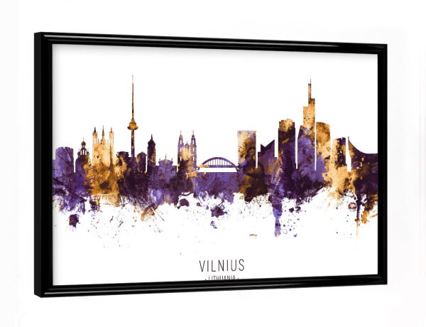 Poster mit schwarzem Rahmen "Vilnius Skyline PurpleGold" artboxONE - Städte - Vilnius,Lithuania,Skyline,Cityscape,Stadtbild,Watercolor,Painting