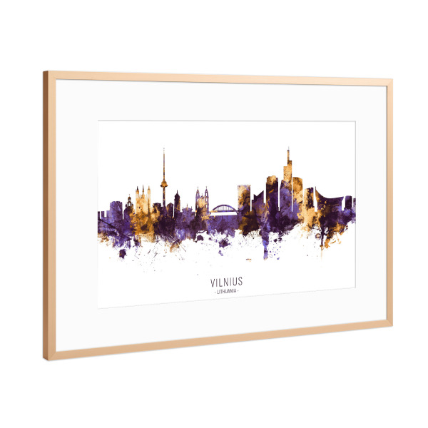 Poster mit Rahmen Kupfer "Vilnius Skyline PurpleGold" artboxONE - Städte - Vilnius,Lithuania,Skyline,Cityscape,Stadtbild,Watercolor,Painting
