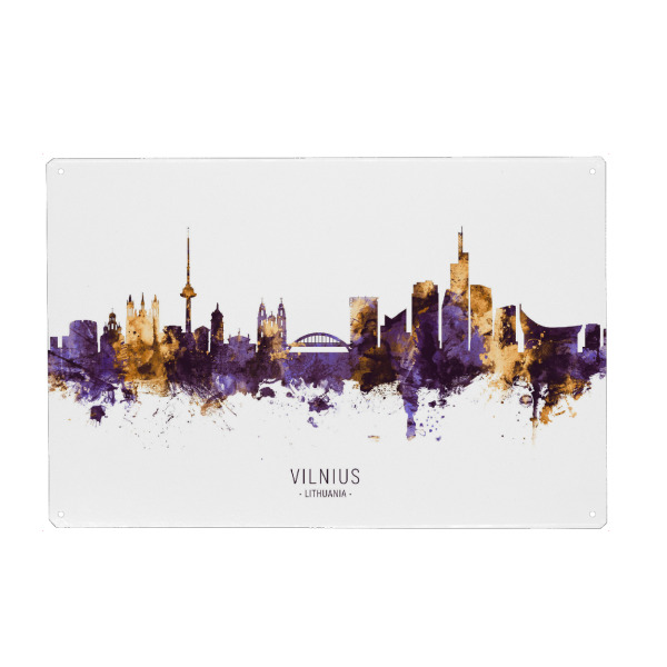 Holzbild "Vilnius Skyline PurpleGold" artboxONE - Städte - Vilnius,Lithuania,Skyline,Cityscape,Stadtbild,Watercolor,Painting