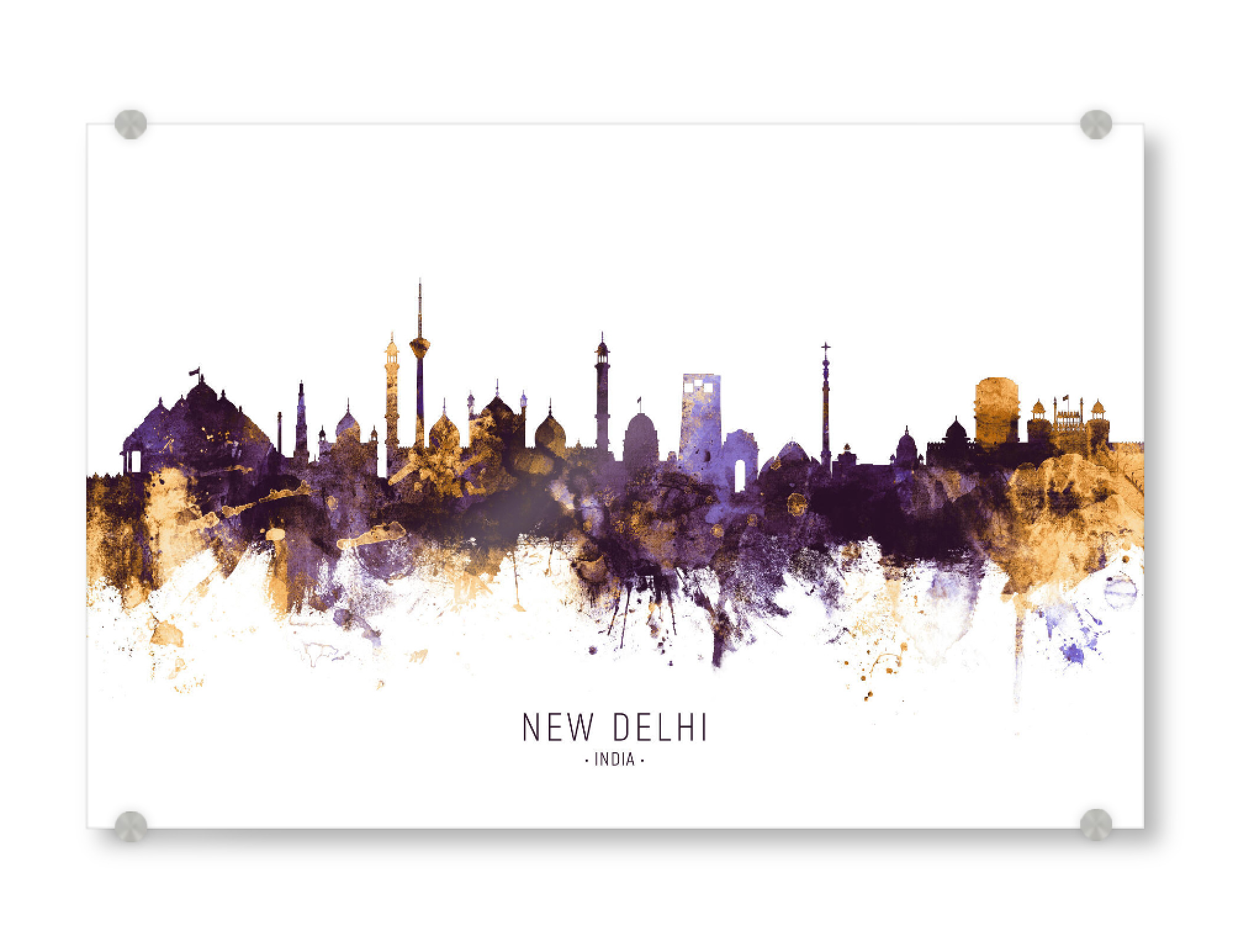 Acrylglasbild "New Delhi India Skyline PurpleGold" artboxONE - Städte - New delhi,India,Skyline,Cityscape,Stadtbild,Watercolor,Painting