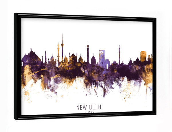 Poster mit schwarzem Rahmen "New Delhi India Skyline PurpleGold" artboxONE - Städte - New delhi,India,Skyline,Cityscape,Stadtbild,Watercolor,Painting