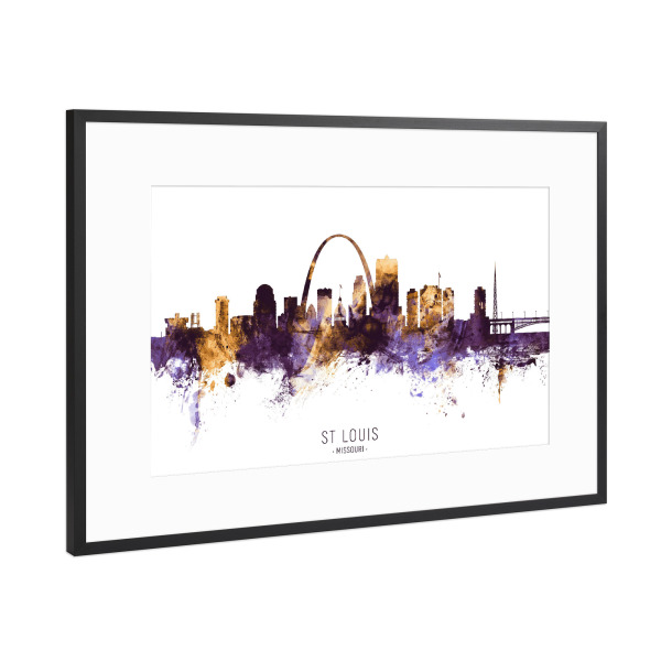 Poster mit Rahmen Schwarz (Metallic) "St Louis Skyline PurpleGold" artboxONE - Städte