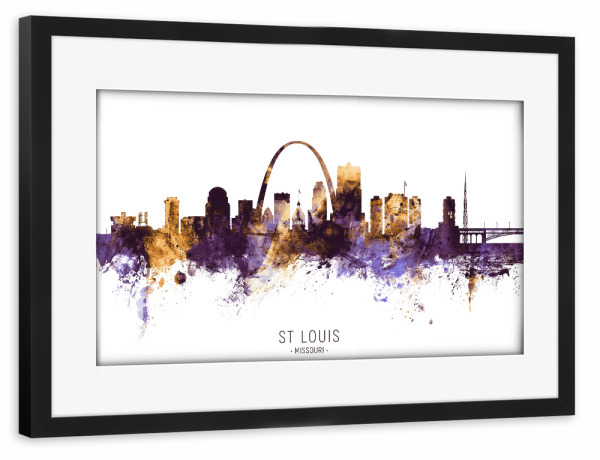 Poster mit Rahmen schwarz "St Louis Skyline PurpleGold" artboxONE - Städte - St louis,Missouri,Skyline,Cityscape,Stadtbild,Watercolor,Painting