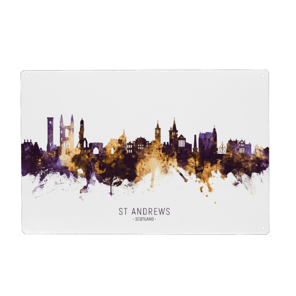 Metall Poster "St Andrews Skyline PurpleGold" artboxONE - Städte - St andrews,Scotland,Skyline,Cityscape,Stadtbild,Watercolor,City - Blechschild