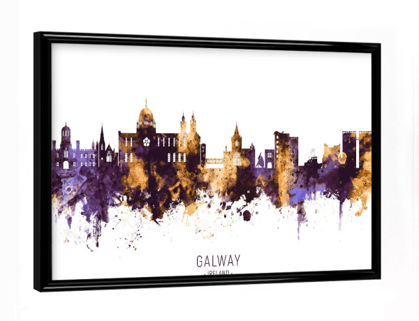 Poster mit schwarzem Rahmen "Galway Ireland Skyline PurpleGold" artboxONE - Städte - Galway,Ireland,Skyline,Cityscape,Stadtbild,Watercolor,Painting