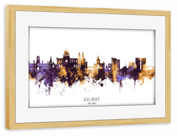 Poster mit Rahmen kiefer "Galway Ireland Skyline PurpleGold" artboxONE - Städte - Galway,Ireland,Skyline,Cityscape,Stadtbild,Watercolor,Painting