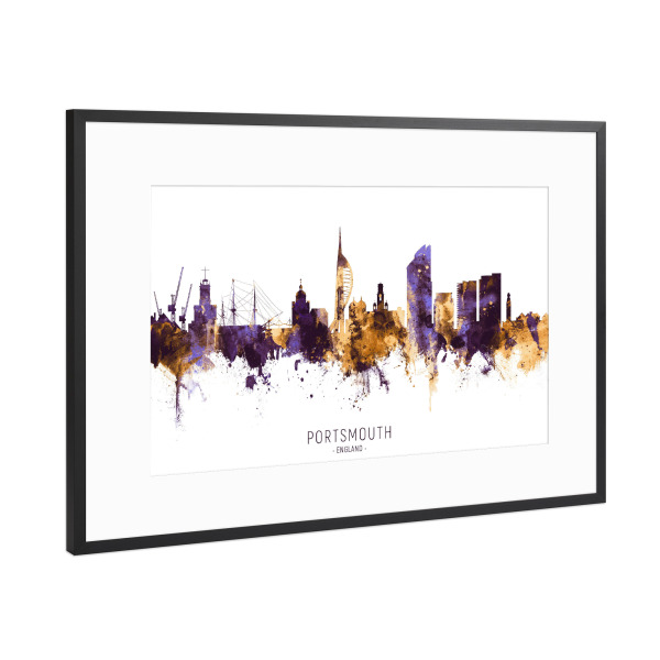 Poster mit Rahmen Schwarz (Metallic) "Portsmouth Skyline PurpleGold" artboxONE - Städte
