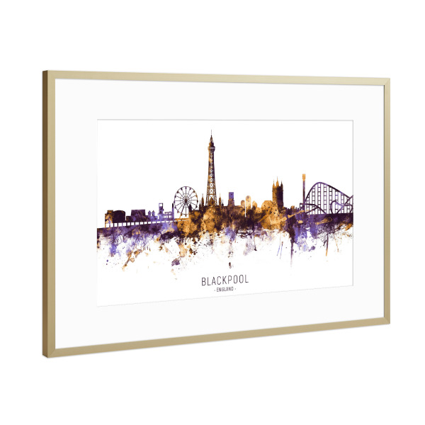 Poster mit Rahmen Gold "Blackpool Skyline PurpleGold" artboxONE - Städte - Blackpool,England,Skyline,Cityscape,Stadtbild,Watercolor,Painting