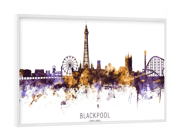 Poster mit weißem Rahmen "Blackpool Skyline PurpleGold" artboxONE - Städte - Blackpool,England,Skyline,Cityscape,Stadtbild,Watercolor,Painting