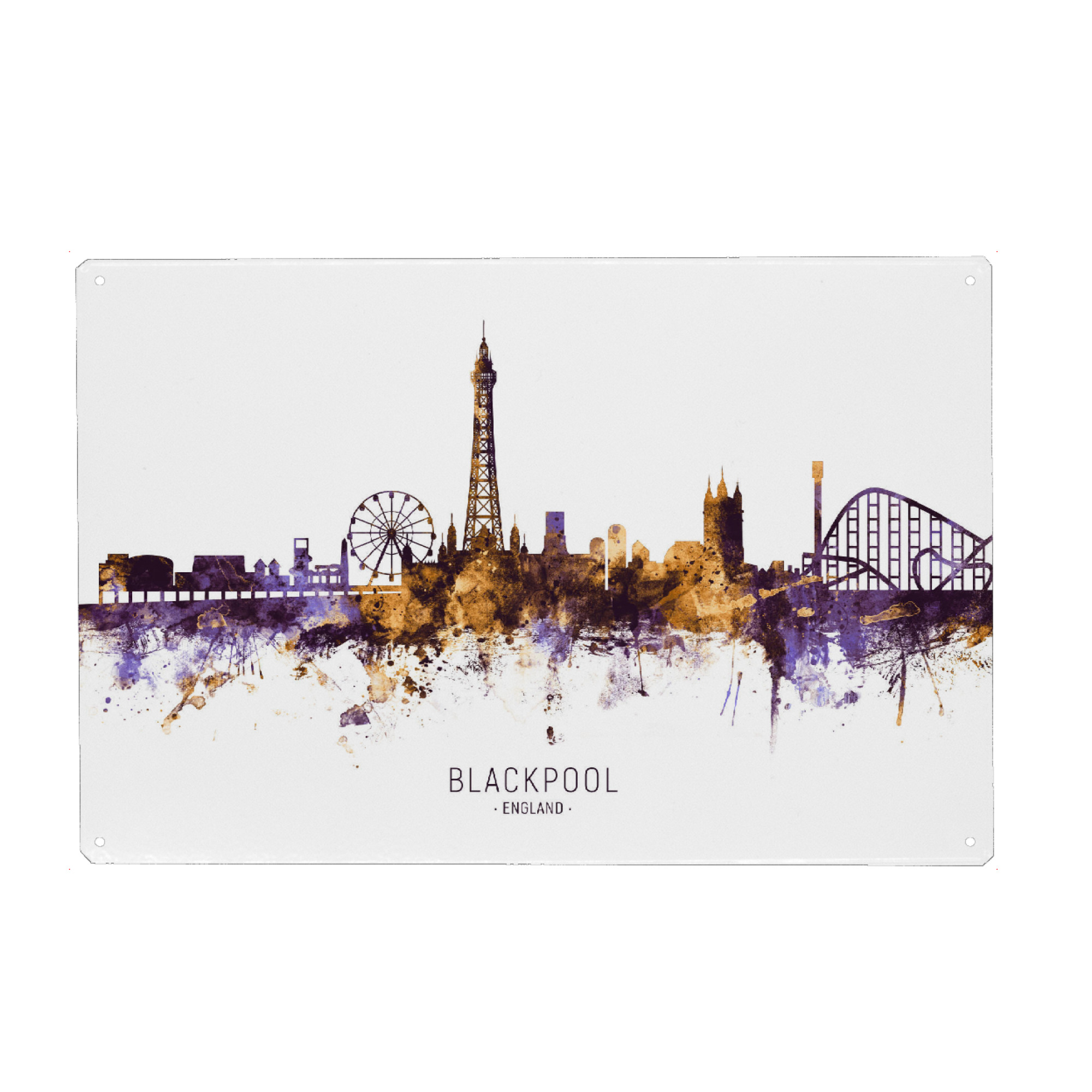 Holzbild "Blackpool Skyline PurpleGold" artboxONE - Städte - Blackpool,England,Skyline,Cityscape,Stadtbild,Watercolor,Painting