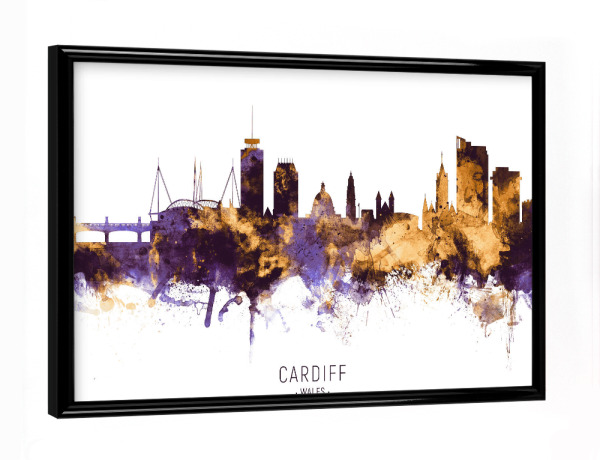 Poster mit schwarzem Rahmen "Cardiff Wales Skyline PurpleGold" artboxONE - Städte - Cardiff,Wales,Skyline,Cityscape,Stadtbild,Watercolor,Painting