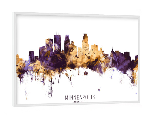 Poster mit weißem Rahmen "Minneapolis Skyline PurpleGold" artboxONE - Städte - Minneapolis,Minnesota,Skyline,Cityscape,Stadtbild,Watercolor,Painting