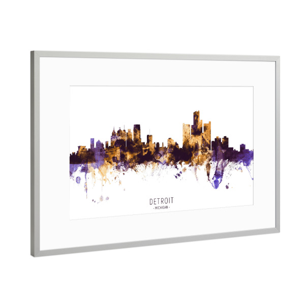 Poster mit Rahmen Silber "Detroit Skyline PurpleGold" artboxONE - Städte - Detroit,Michigan,Skyline,Cityscape,Stadtbild,Watercolor,Painting
